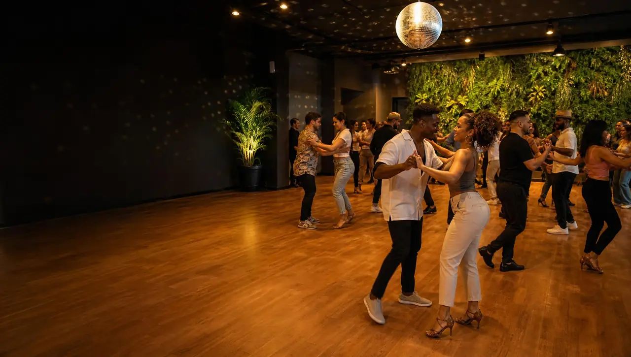 A wide shot of the dance floor during a busy social night near Logan Square.