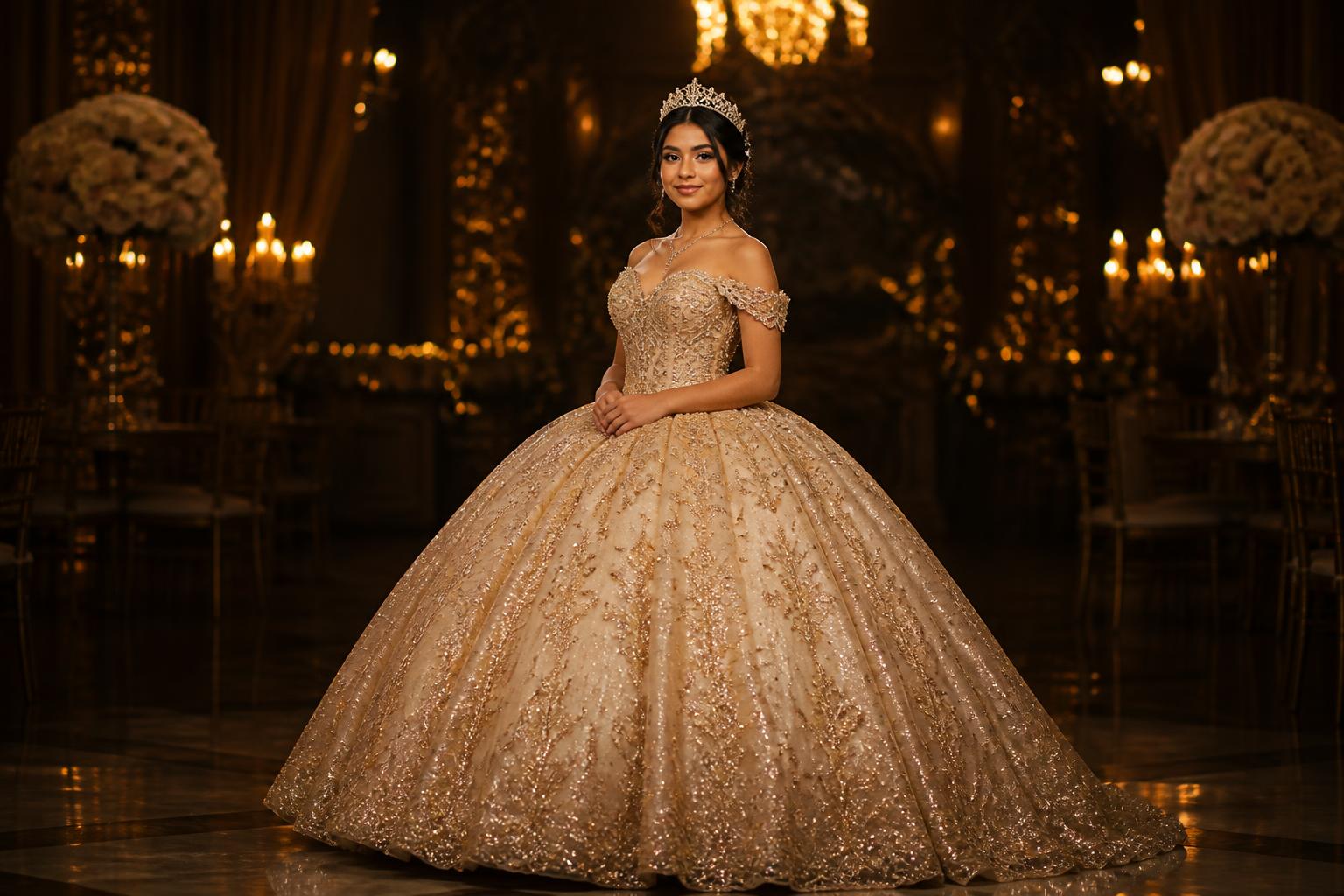 Glamorous Quinceañera in a champagne ball gown at a premium Dennis PaSamba celebration in Chicago