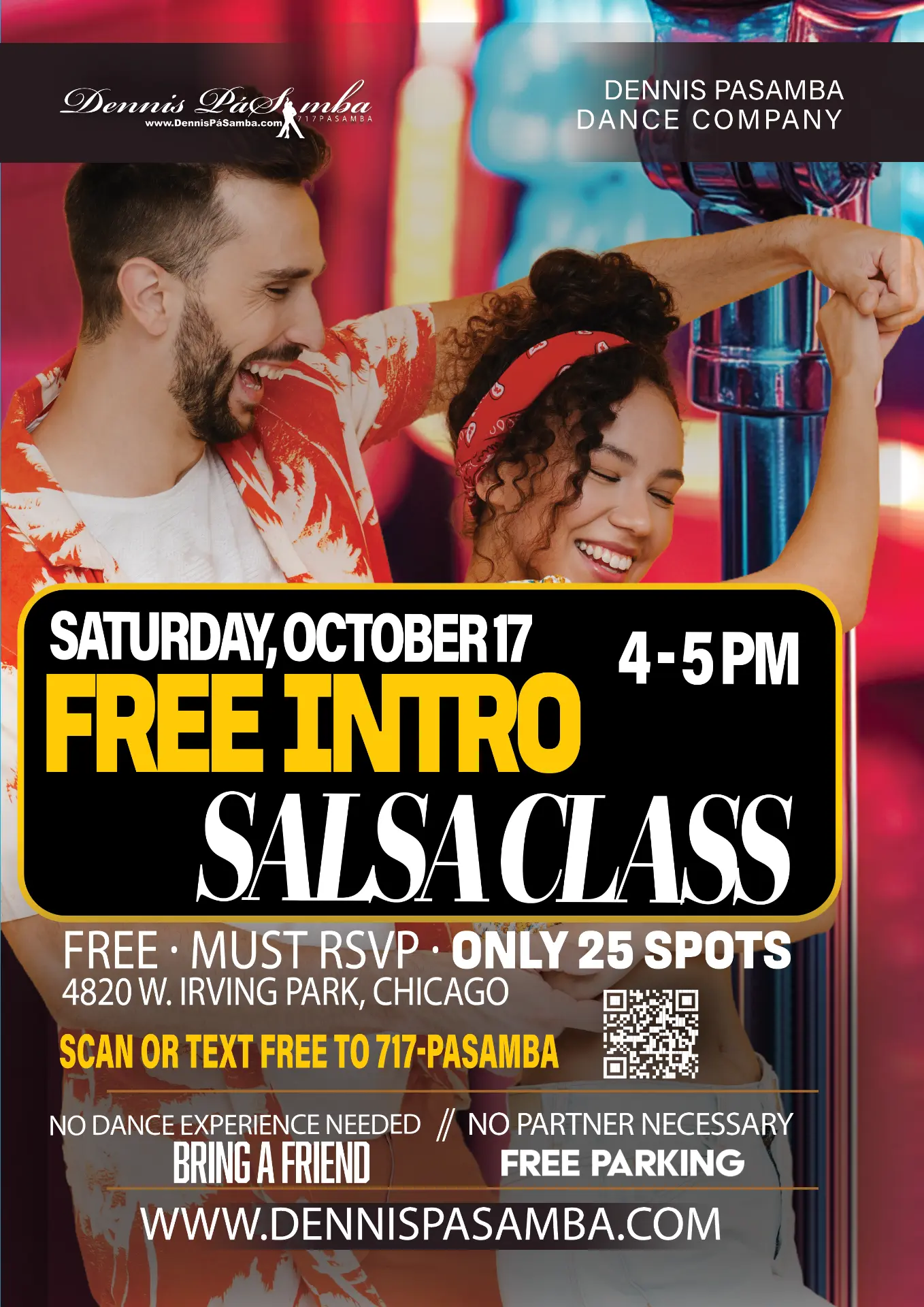Free Intro Salsa Class flyer: Saturday, October 17, 4–5 PM, 4820 W. Irving Park, Chicago. Free, must RSVP, only 25 spots.