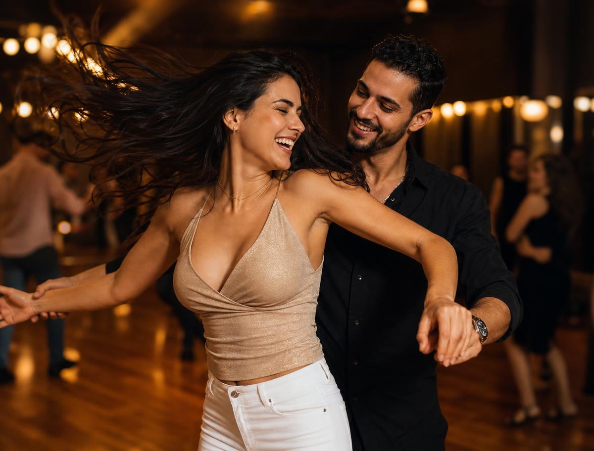 Couple laughing mid-spin during a bachata date night lesson