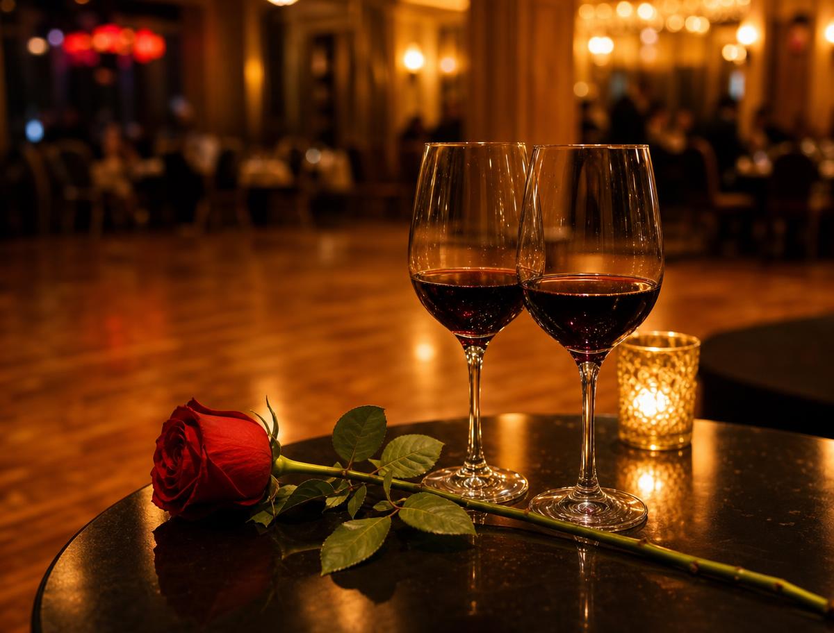 Two glasses of wine and a red rose beside the dance floor