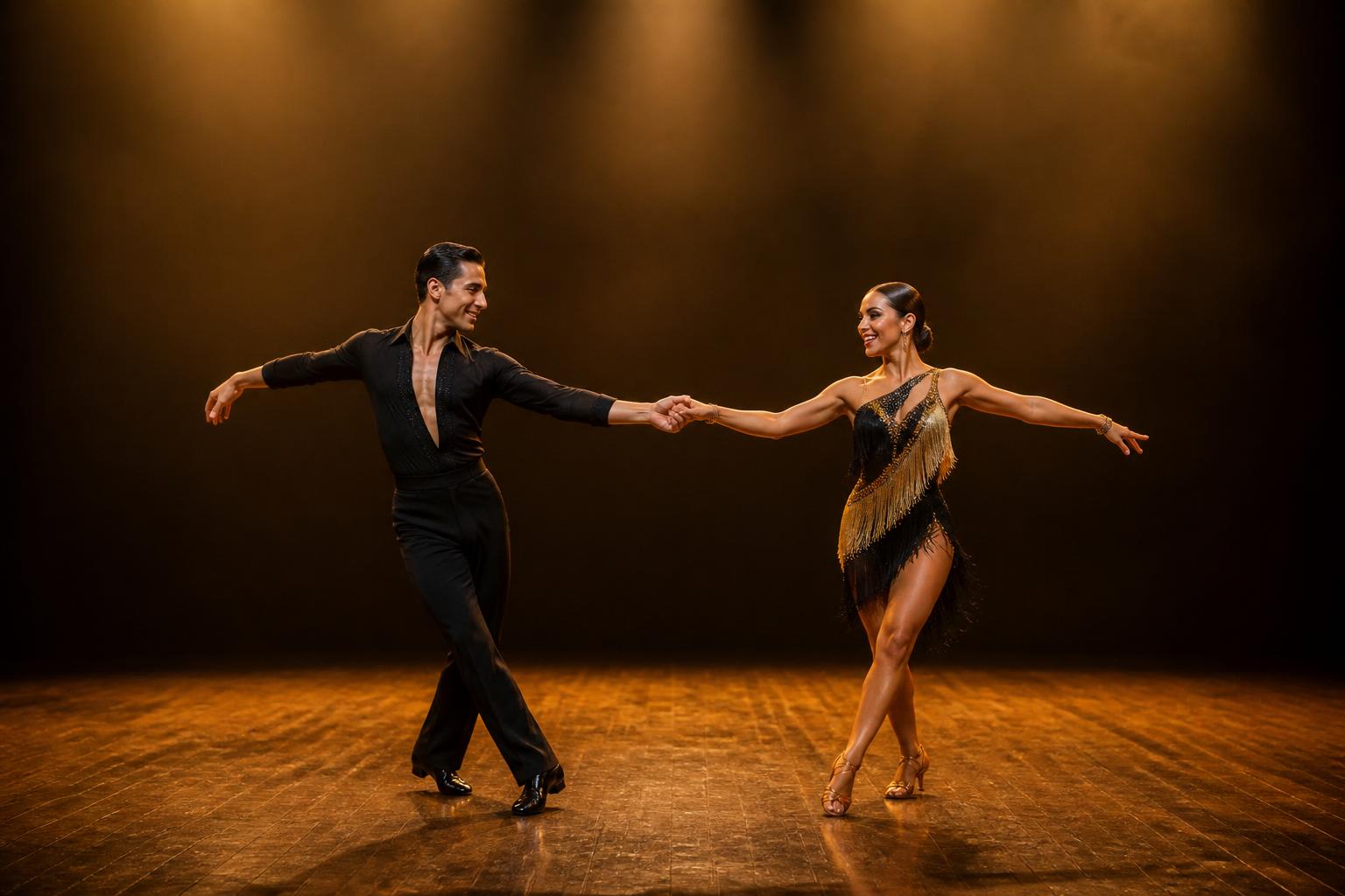 Couple performing an elegant bachata routine in formal attire