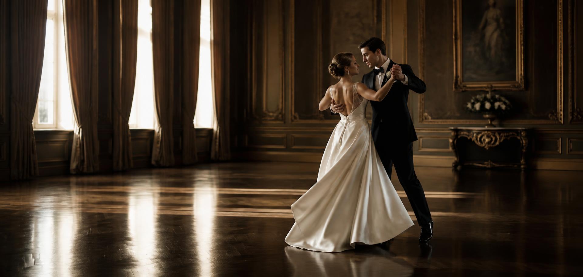 Couple rehearsing their wedding first dance in an elegant ballroom