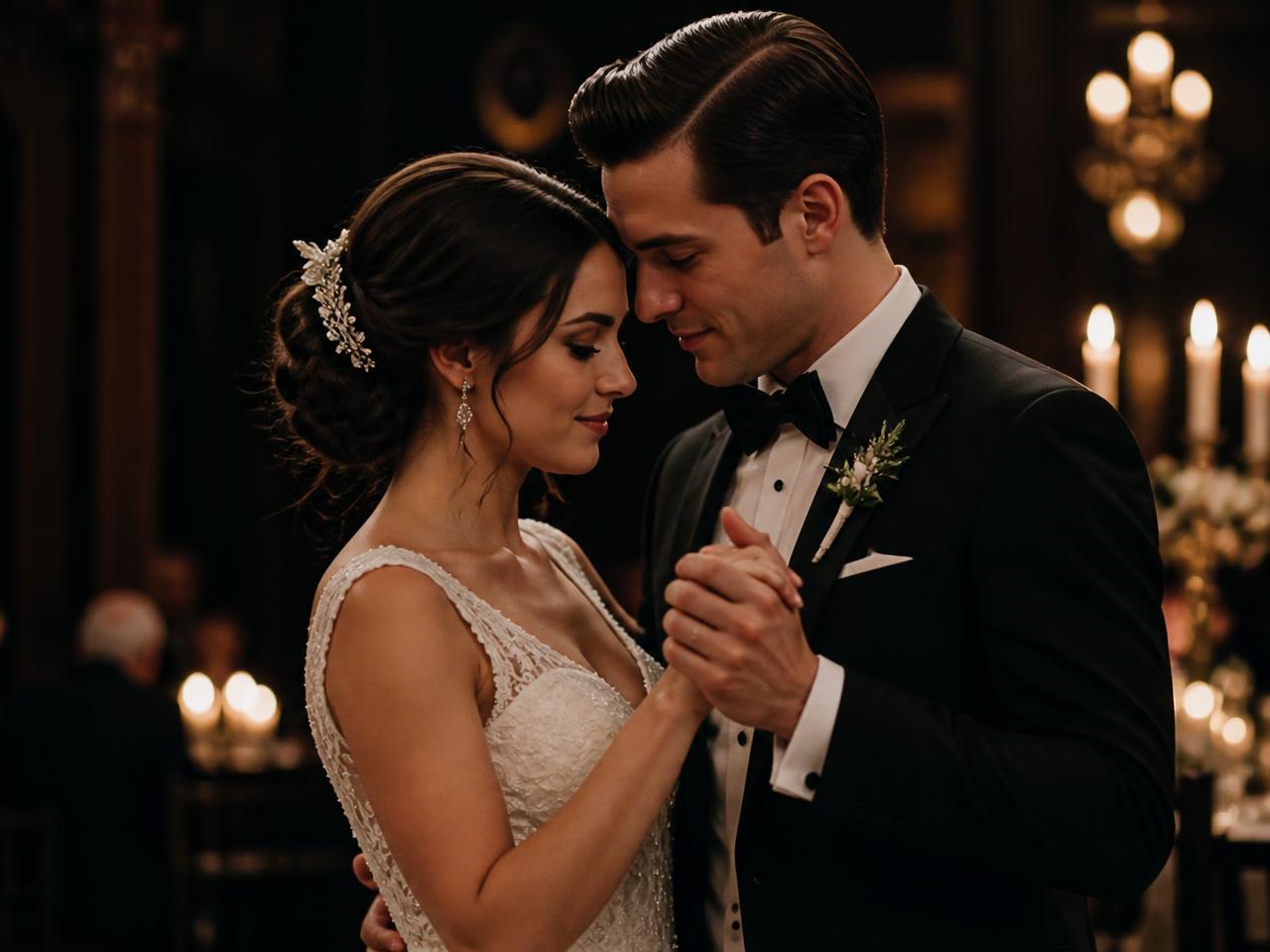 Bride and groom slow dancing together by candlelight