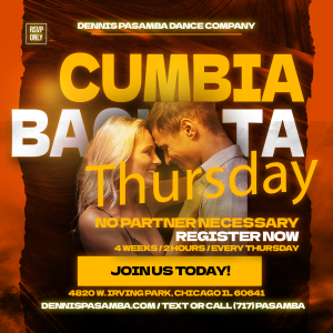 Dancers mastering Cumbia and Bachata partner work during Thursday double-header class at Dennis PaSamba Dance Company in Chicago’s Six Corners.