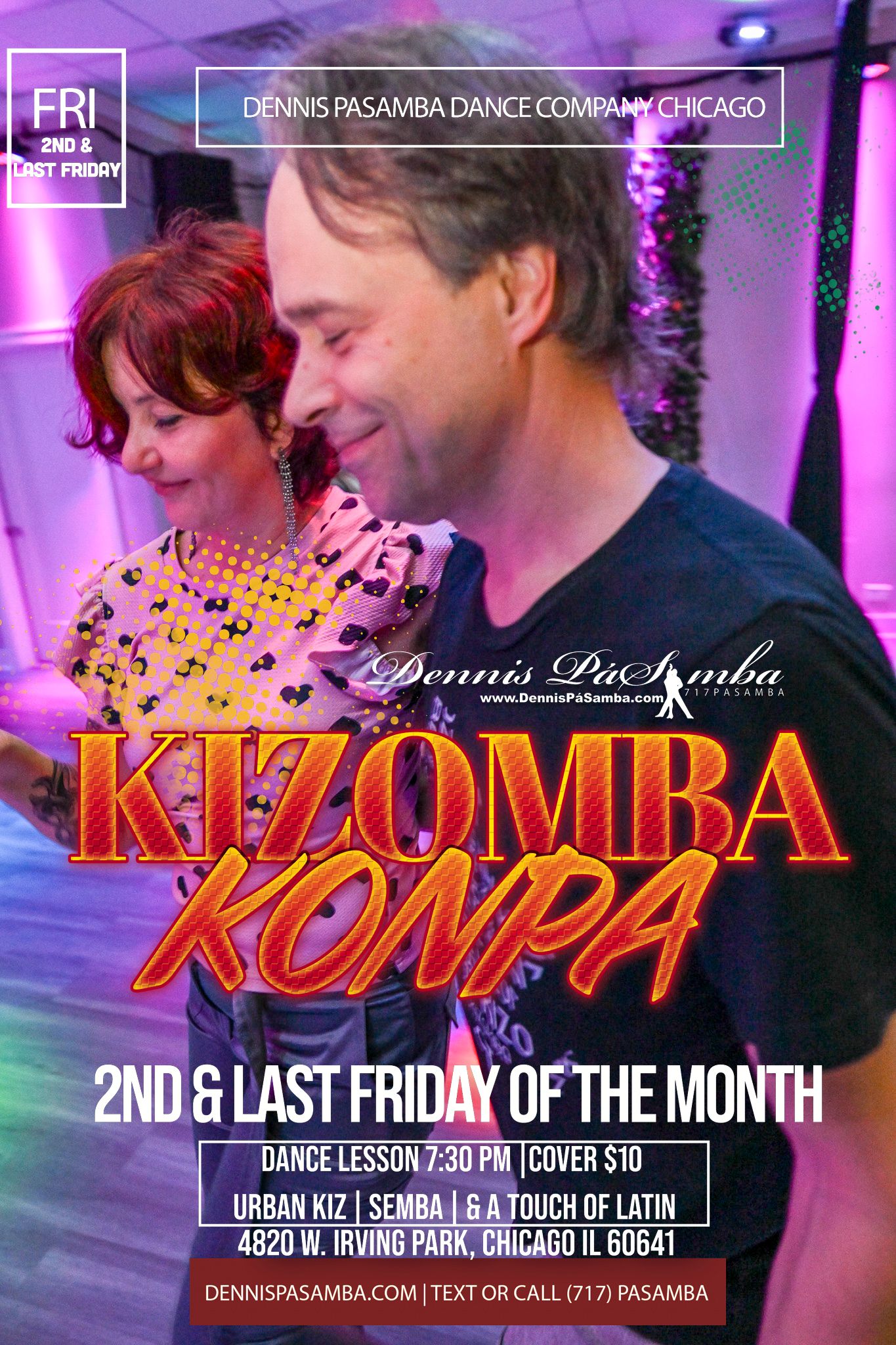 Kizomba dancers at Dennis Pasamba Dance Company’s social event in Chicago, IL, at 4820 West Irving Park Rd., during a Friday night dance lesson or social.