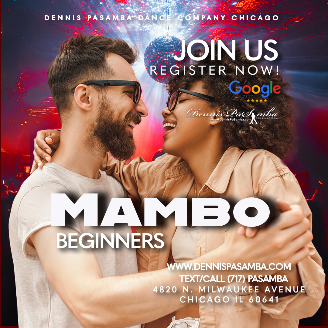 Couple dancing energetic Mambo Salsa On2 at Dennis PaSamba Dance Company Chicago studio