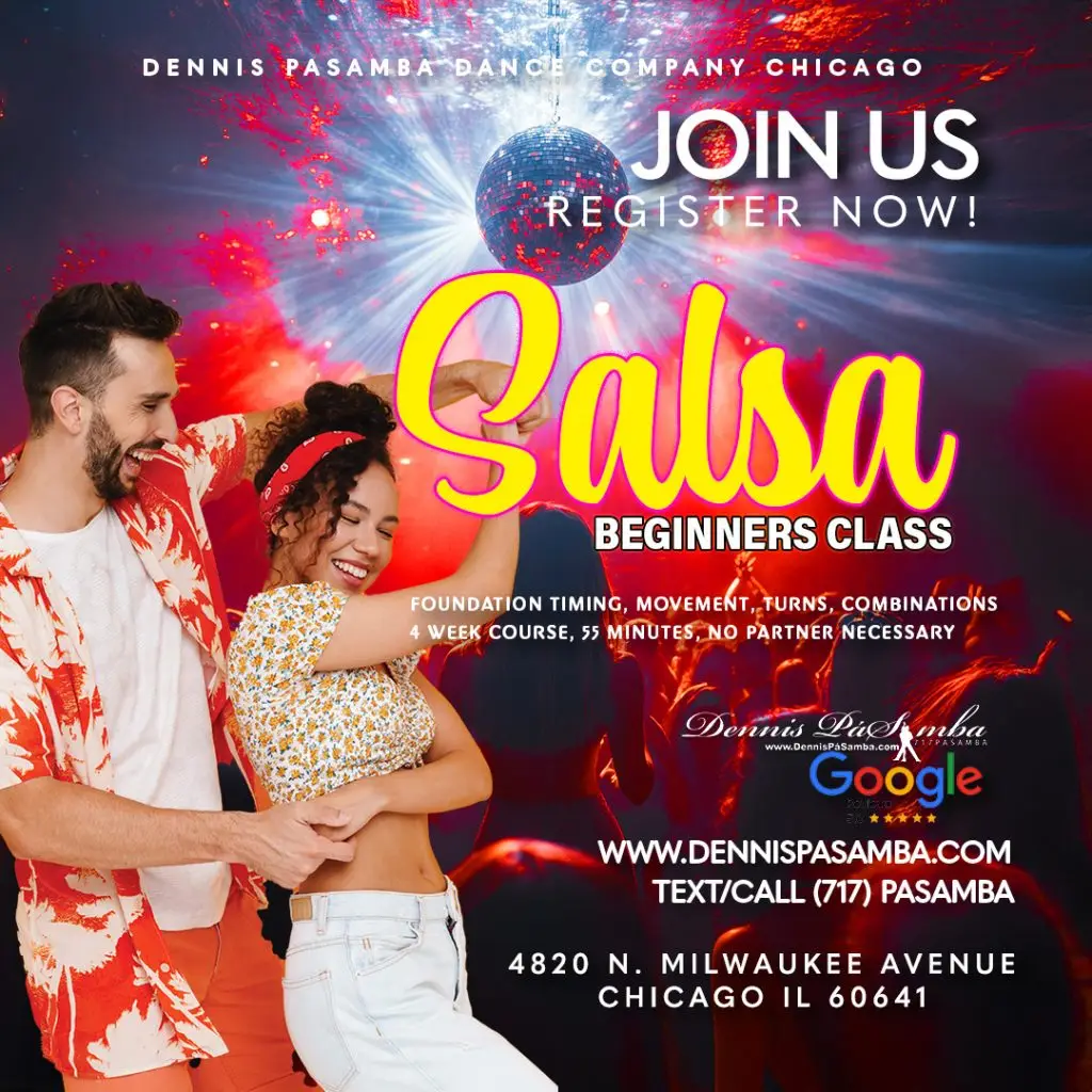 Couples dancing Salsa in a lively Thursday class at Dennis PaSamba’s Chicago studio, guided by expert instructors in a fun, beginner-friendly atmosphere.