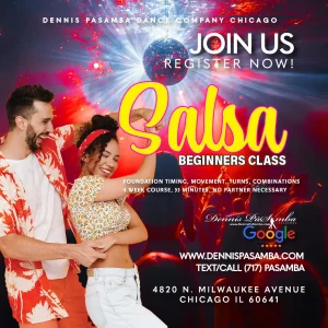 Couples dancing Salsa in a lively Thursday class at Dennis PaSamba’s Chicago studio, guided by expert instructors in a fun, beginner-friendly atmosphere.