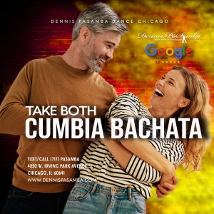Couples dancing Cumbia and Bachata in a lively class at Dennis PaSamba Dance Company’s Chicago studio, with instructors guiding participants in a vibrant, welcoming atmosphere.
