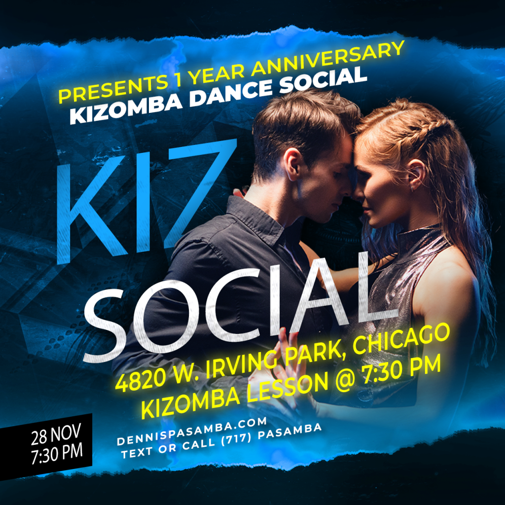 Two dancers in close Kizomba embrace under warm studio lighting at Dennis PaSamba Dance Company, with text overlay: “98% KIZOMBA • NOV 28 • $15 PASS.”