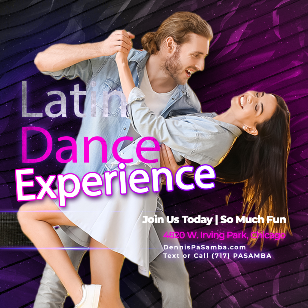 Group of happy dancers learning Salsa and Bachata at Dennis PaSamba Dance Company in Chicago, Six Corners studio with free parking