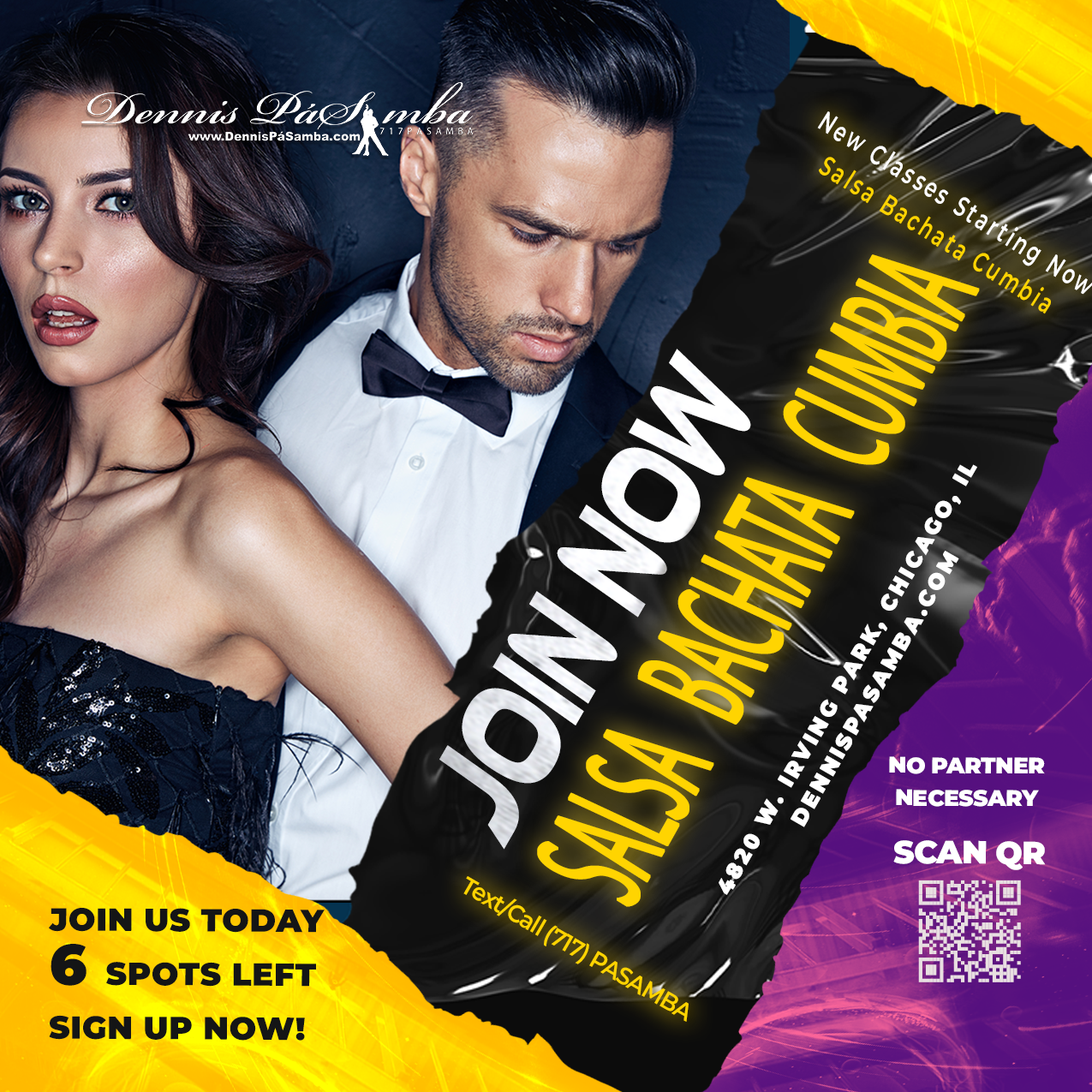 Bright studio photo of smiling dancers in motion doing Salsa and Bachata. A diverse group of happy beginners and experienced students are mid-spin on a wooden dance floor with mirrors and colorful lighting. Text overlay reads “New Year, New Moves – January 2026 Classes – $95” in bold festive lettering.