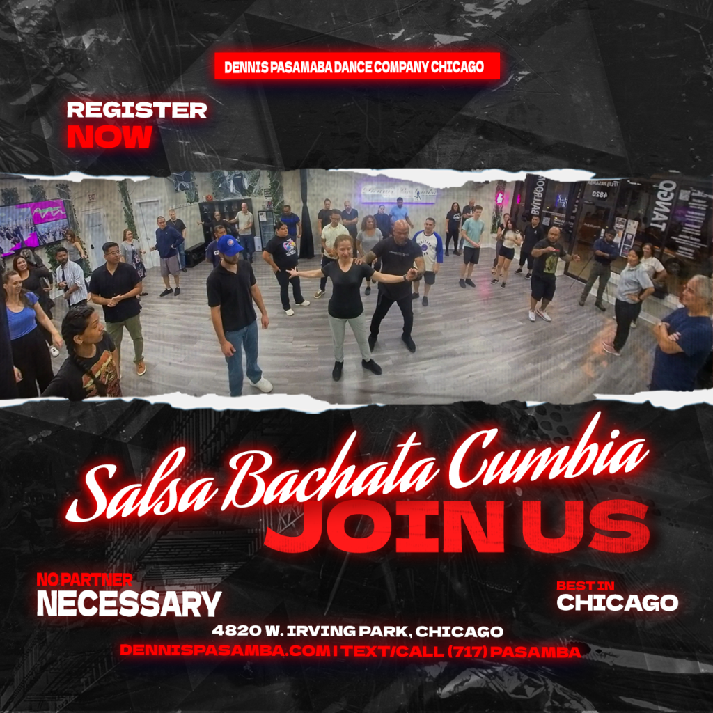 Group of happy beginners learning Salsa and Bachata moves together in a welcoming dance class at Dennis PaSamba Dance Company in Chicago, no partner required