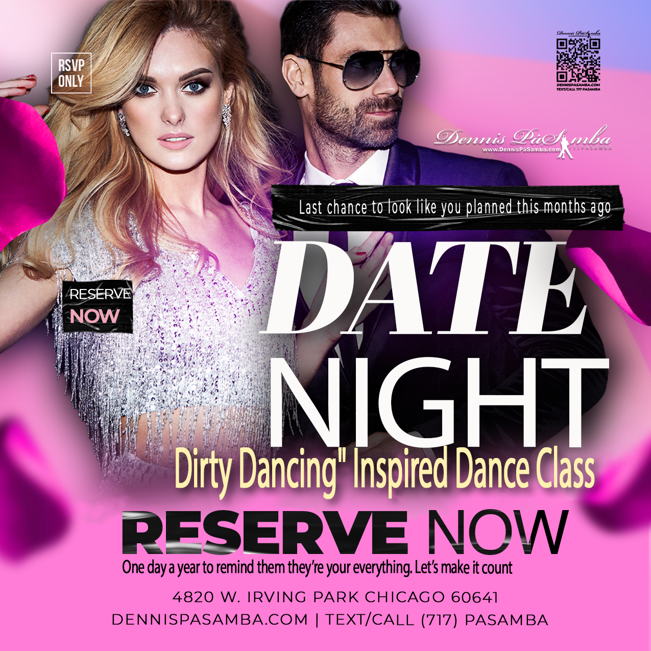 Romantic couple dancing sensual Bachata in close hold at Dennis PaSamba Dance Company studio in Chicago. Smiling partners gazing into each other's eyes during a beginner-friendly date night class, with warm lighting and positive energy