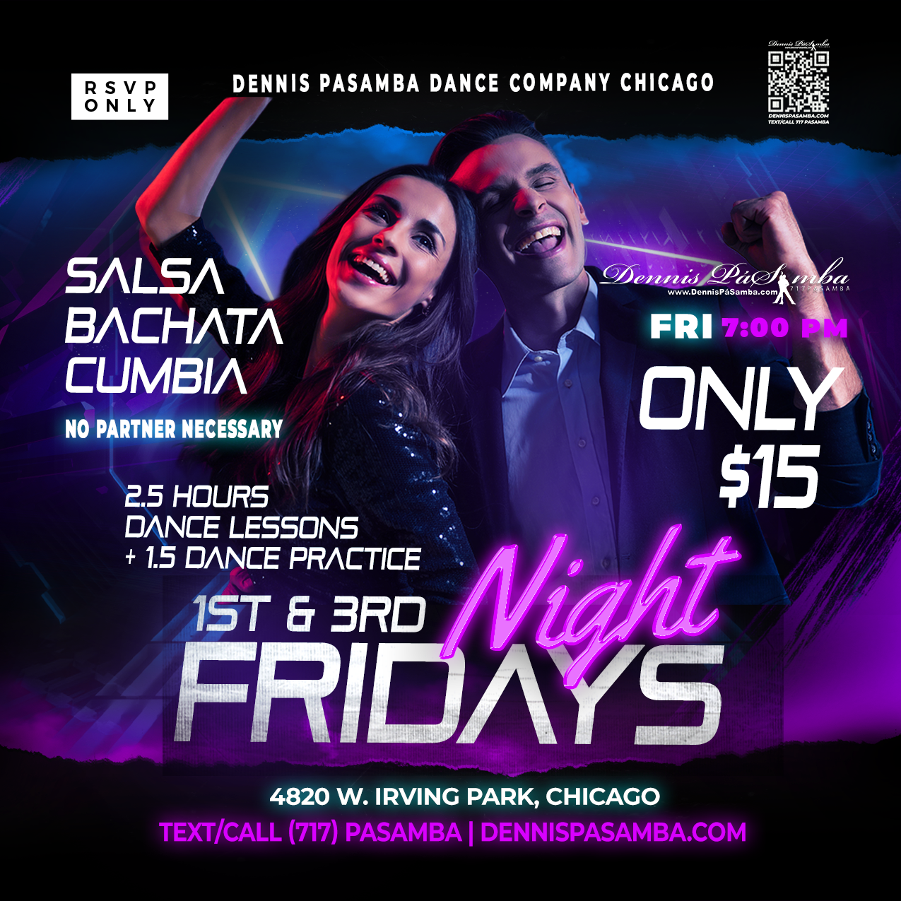 Diverse group of dancers at Dennis PaSamba studio enjoying a Salsa rotation during the Friday social, smiling and moving to Latin music