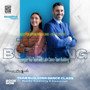 Diverse group of corporate employees laughing and dancing together in a team building Salsa and Bachata workshop at Dennis PaSamba Dance Company in Chicago. Colleagues practicing synchronized steps and partner rotations in a bright, energetic studio, fostering collaboration and fun.