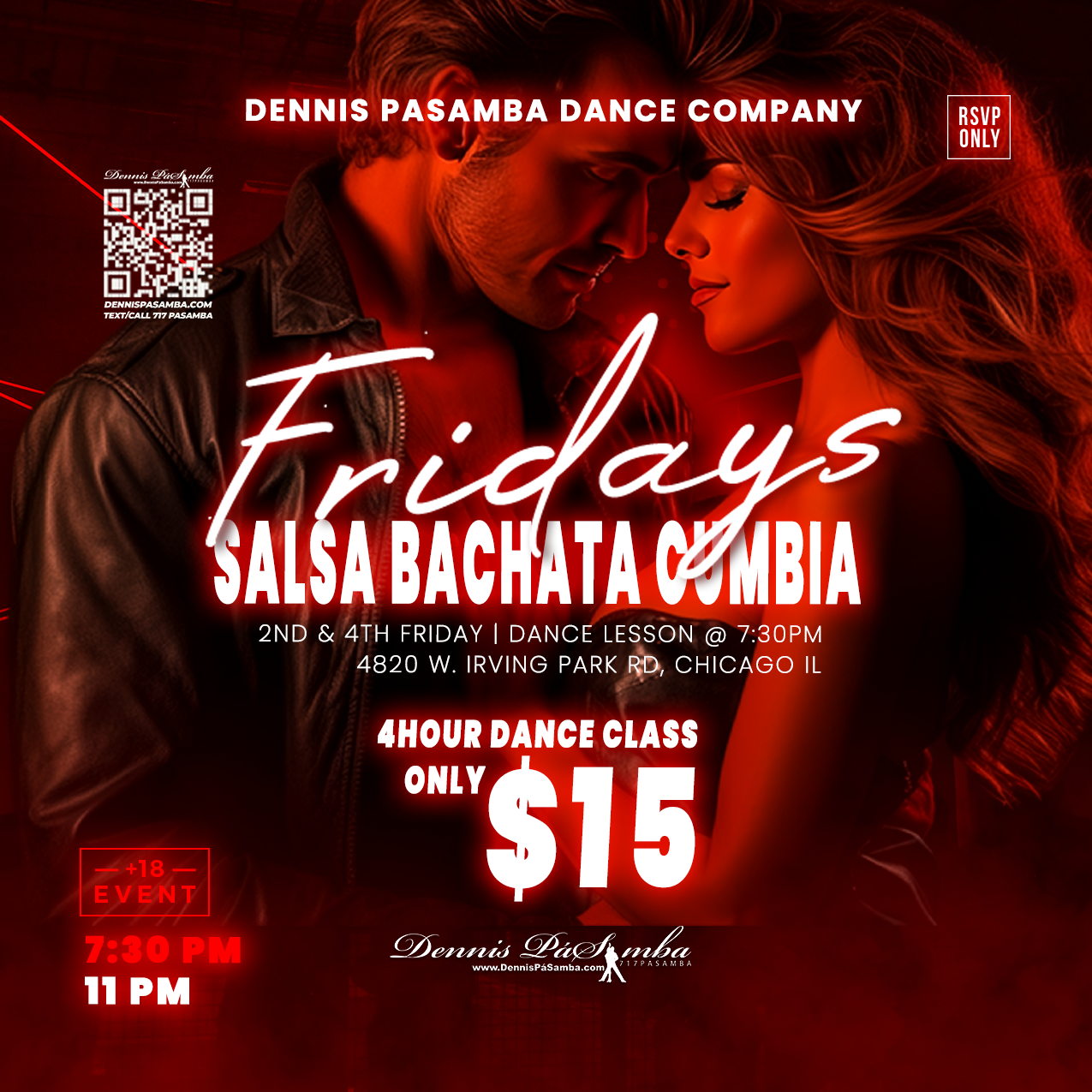 A promotional poster for Dennis Pasamba Dance Company features a romantic couple dancing, advertising Fridays Salsa Bachata Cumbia classes in Chicago. Dance lessons are $15, held on 2nd & 4th Fridays at 7:30 PM.