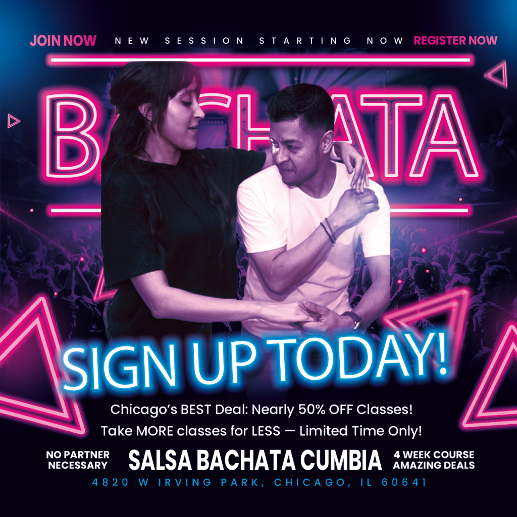 Group dancing Salsa, Bachata and Cumbia at Chicago dance studio.