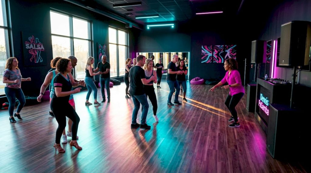 Adult dance class practicing salsa in studio