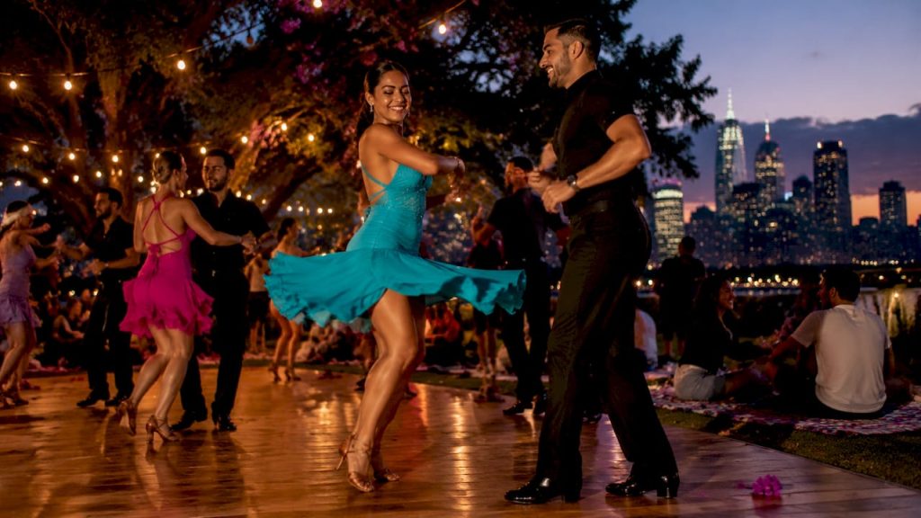Couple dancing Latin dance at ballroom event