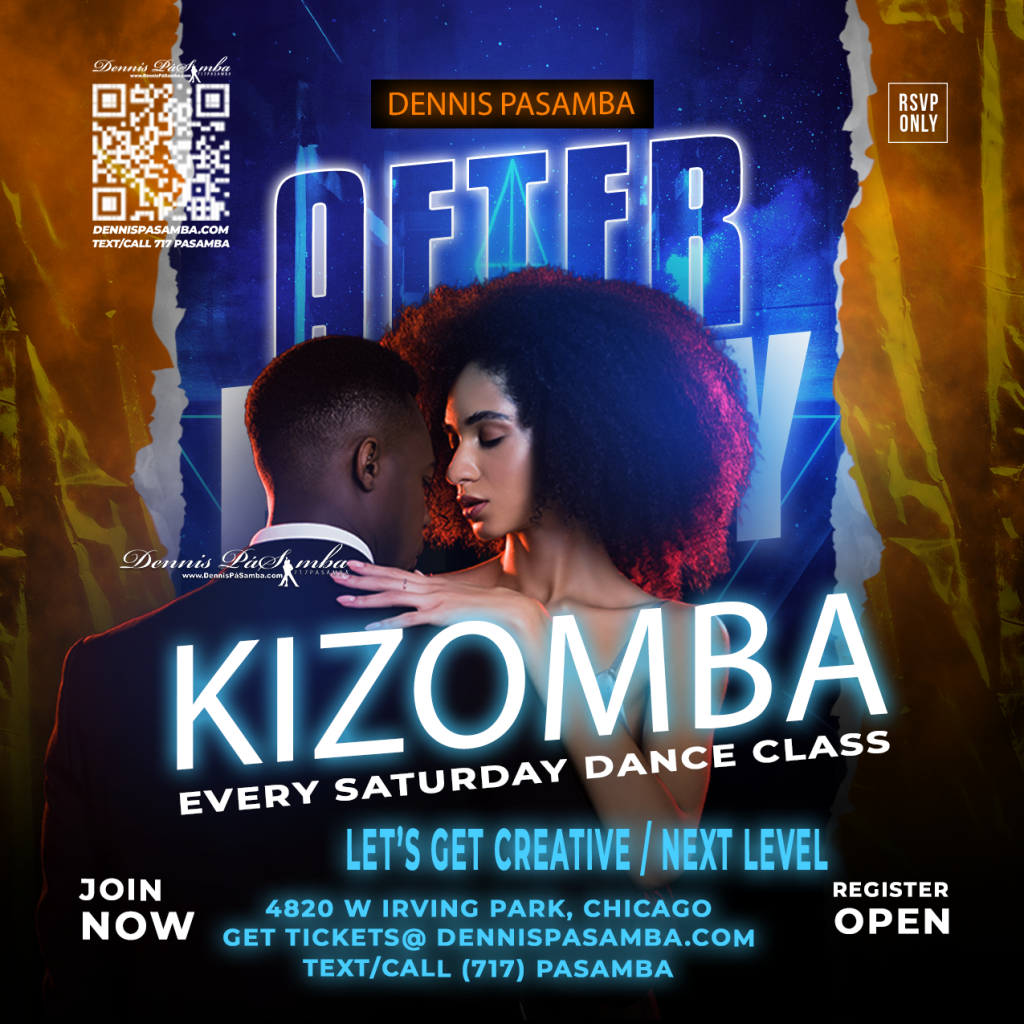 Couples dancing Kizomba with deep connection and flow in a vibrant studio. Saturday 4 PM classes. Partners required. Rotate and groove.