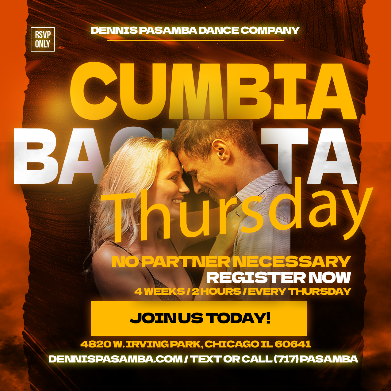 A smiling couple stands closely, facing each other, with text promoting Cumbia Bachata Thursday dance classes. Join beginner cumbia lessons Chicago—no partner needed! Find registration info, location in Chicago, and contact details.